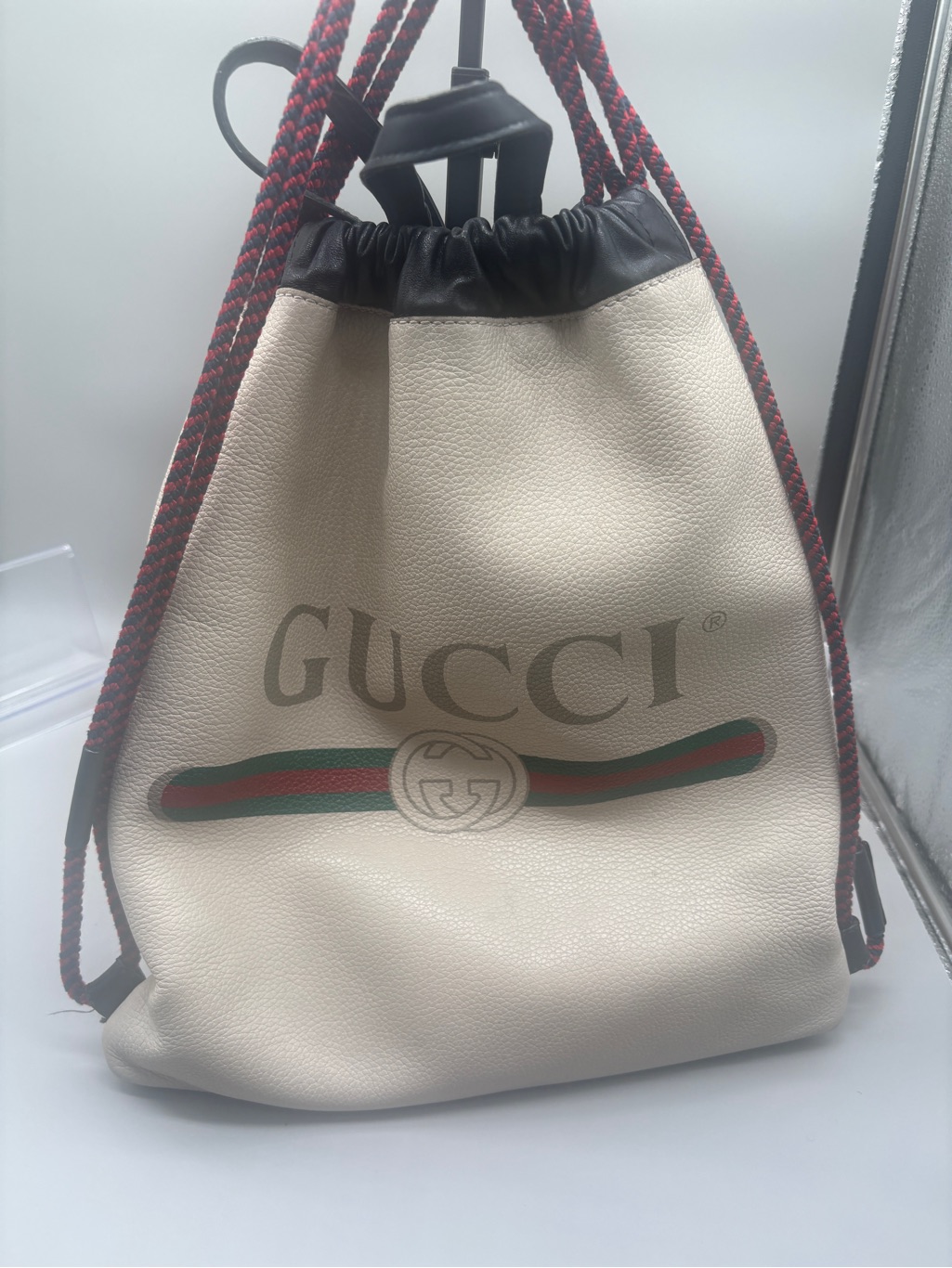 Gucci Cream Leather Drawstring Backpack With Red And Green Web With Coa